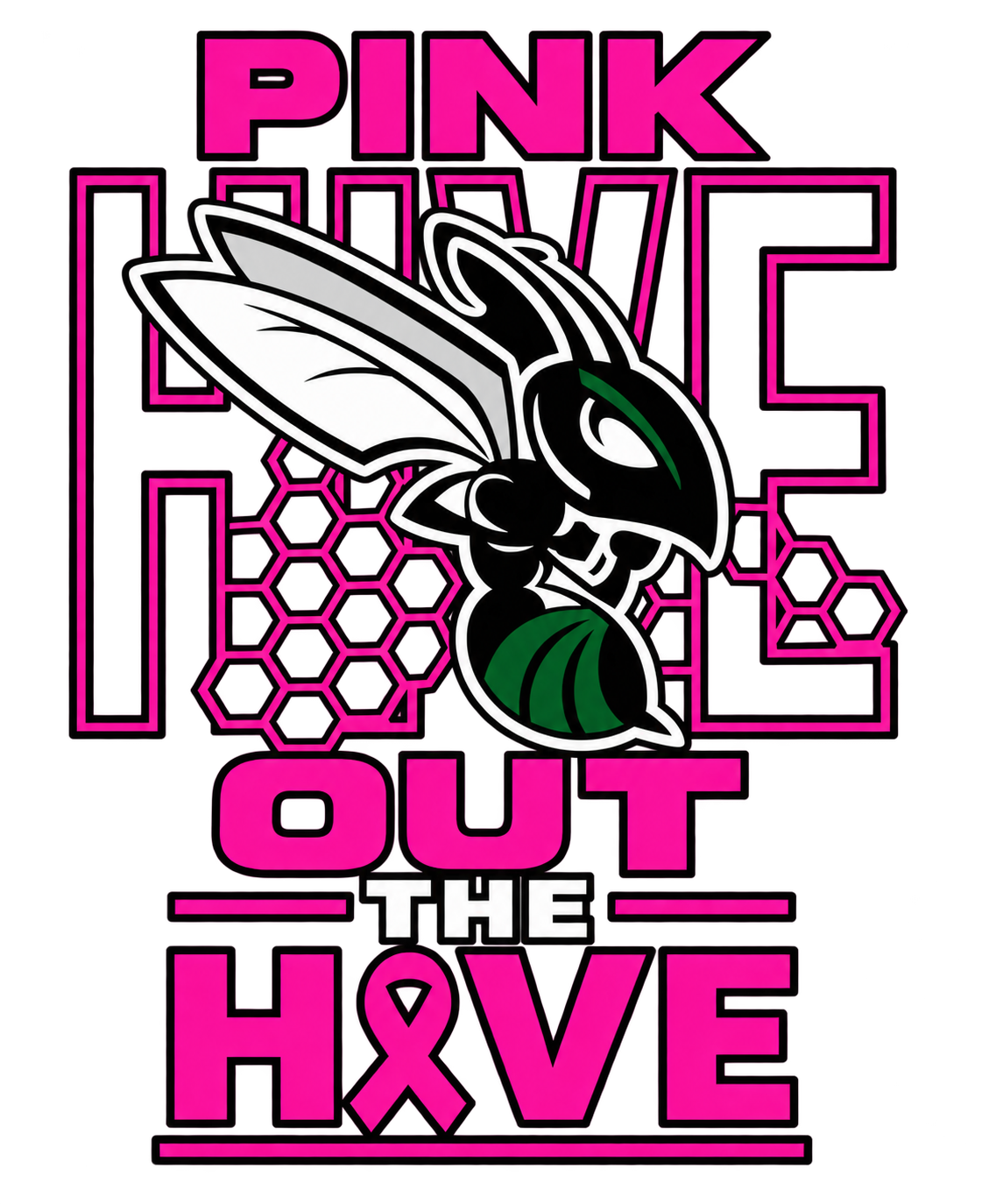 Boles Hornets "Pink Out the Hive" design: hot pink lettering with a hornet mascot and ribbon