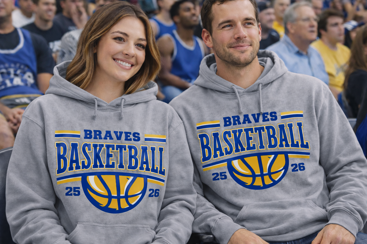 Gray adult hoodie with blue and gold Braves Basketball 25–26 design