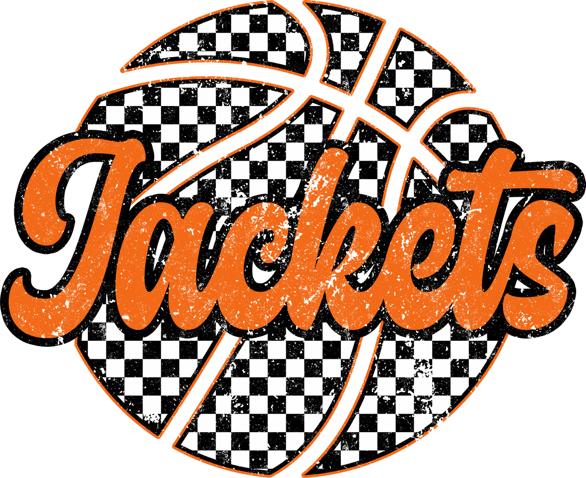 Mineola Jackets spirit design: orange script "Jackets" over a black-and-white checkered basketball